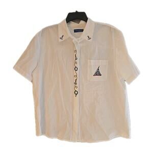 Karen Scott White Sailor Nautical Short Sleeve Button Down‎ Shirt Womans Size XL